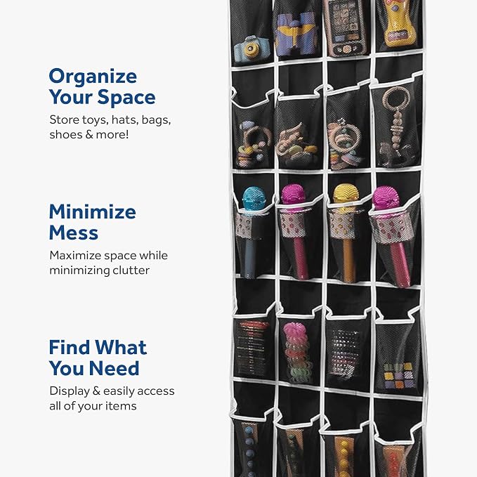 ZOBER Over the Door Shoe Organizer, 24 Pockets - Hanging Shoe Rack W/ Mesh Pockets to Store Shoes, Towels, Snacks, Toys - Closet, Pantry Storage