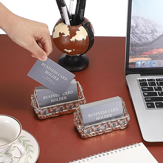 Hipiwe 2 Packs Crystal Business Card Holder with Gold Metal for Office Desk | Bling Business Card Display Stand for Women, Name Cards Storage Organizer with Mirror Base