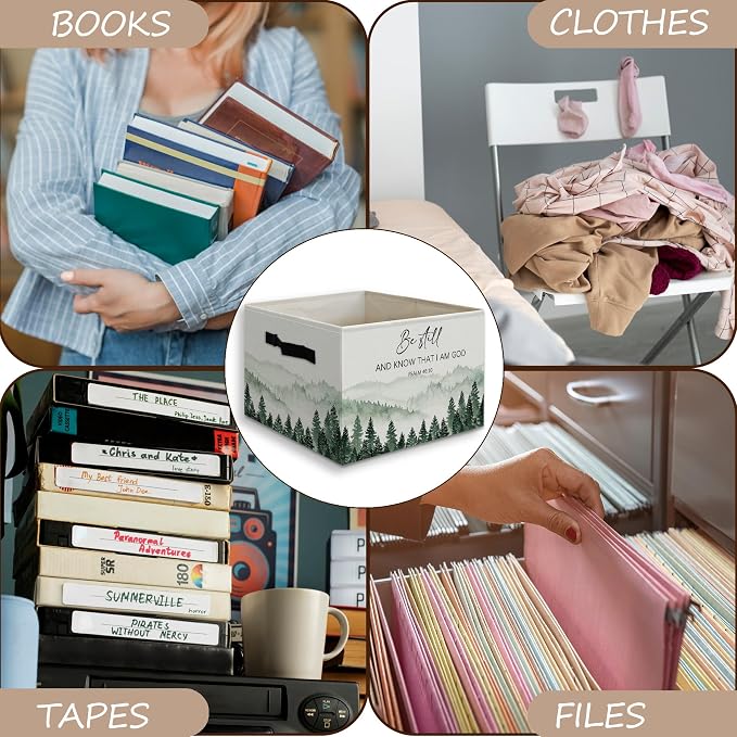 Forest Christian Basket Foldable Storage Bins Box with Handles, Be Still and Know That I Am God Bible Verse Religious Collapsible Organizer Basket for Christian Home Room Clothes Toys Books
