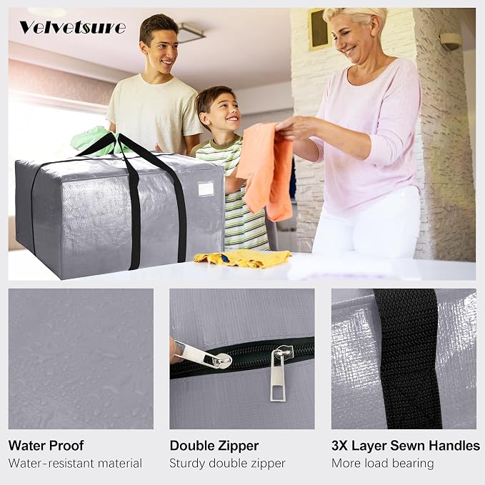 6 Pack Heavy Duty Extra Large Moving Bags W/Backpack Straps - Strong Handles & Zippers, Storage Totes For Space Saving, Fold Flat, Alternative to Box and Bin (40 gal, Silver)