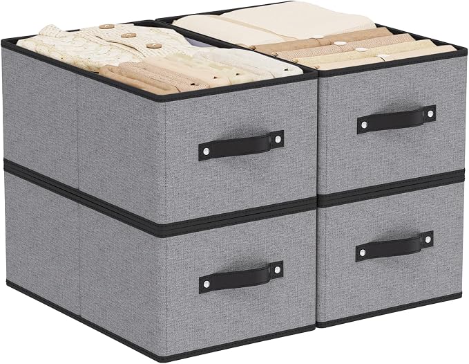 Fabric Closet Storage Boxes,18.5×11×7.9In,Gray Bins,4Pack | Storage Baskets with Handles,Collapsible Clothing Bins,Fabric Drawers,Closet Organizer for Shelves Wardrobe Bedroom