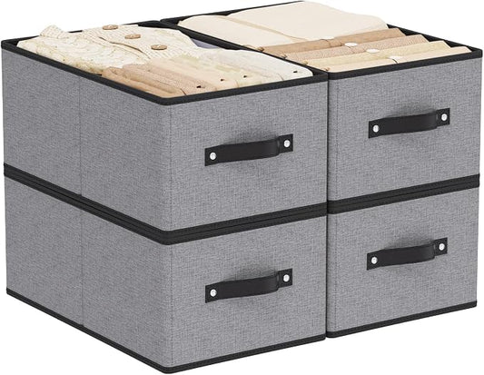Fabric Closet Storage Boxes,18.5×11×7.9In,Gray Bins,4Pack | Storage Baskets with Handles,Collapsible Clothing Bins,Fabric Drawers,Closet Organizer for Shelves Wardrobe Bedroom