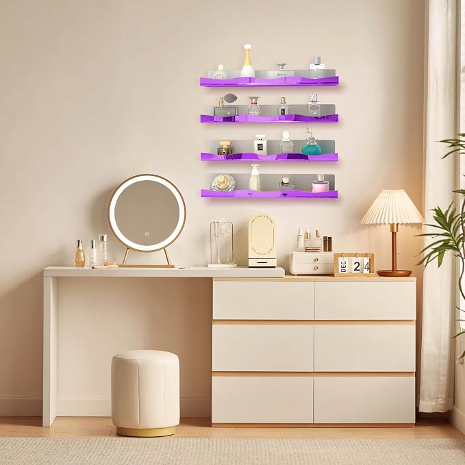 YMVV 15.7 in Large Purple Reflective Acrylic Mounted Floating Shelf, Perfume Organizer Shelf, Modern Bathroom Storage Toy Display Organizer Decor 4 Pack