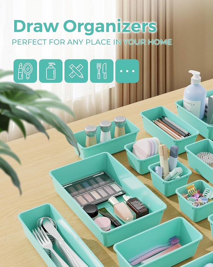 BiuLeon 25 PCS Plastic Drawer Organizers Set, 4-Sizes Vanity and Makeup Organizer, Desk and bathroom Drawer Organizer Trays, Organizers and Storage for Makeup, Jewelry, Gadgets, Utensils (Blue)