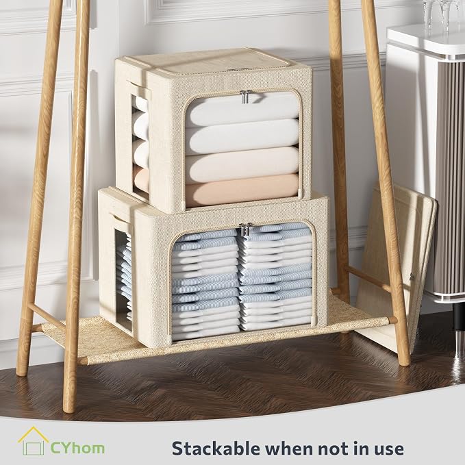CYhom Clothes Storage Bins Box - Linen Fabric Foldable Stackable Container Organizer Set with Clear Window & Carry Handles & Metal Frame for Bedding, Blankets, Books (Beige, Medium-36L)