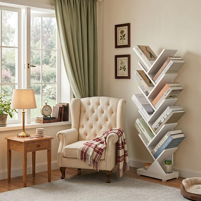 ruboka 9-Tier Tree Bookshelf Storage Organizer Display Rack (White) | Floor standing Bookcase, sturdy wood, space-saving. Ideal Book Shelf for living room, bedroom, office. Holds magazines, CDs.