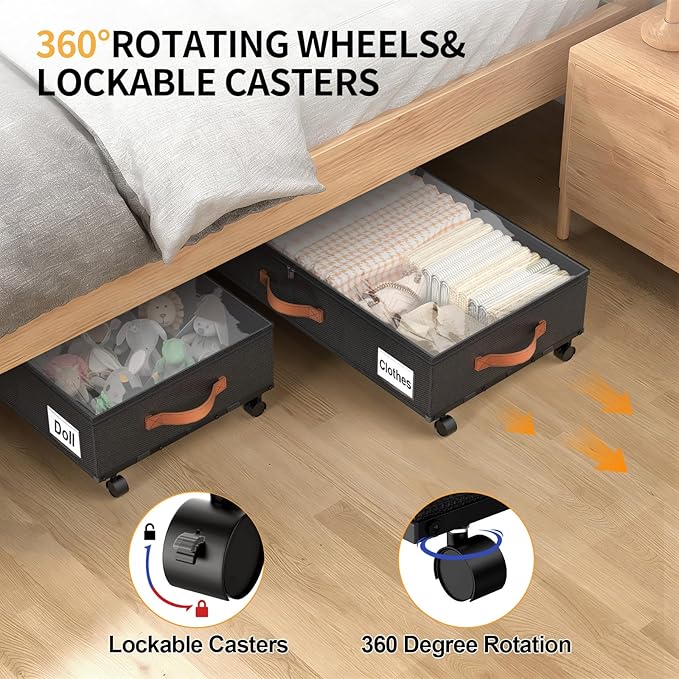 Under Bed Storage Containers with Wheels Large Underbed Shoes Blankets Clothes Toy Storage Drawers for College Dorms Bedrooms Nursery Rooms Organization (Black 2 Pack, 6.6in height(30.3"x15.7"x6.6"))
