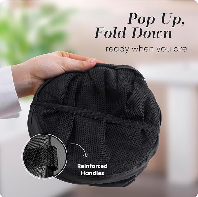 Handy Laundry Collapsible Mesh Pop Up Hamper with Wide Opening and Side Pocket - Breathable, Sturdy, Foldable, and Space-Saving Design for Clothes and Storage (Black)