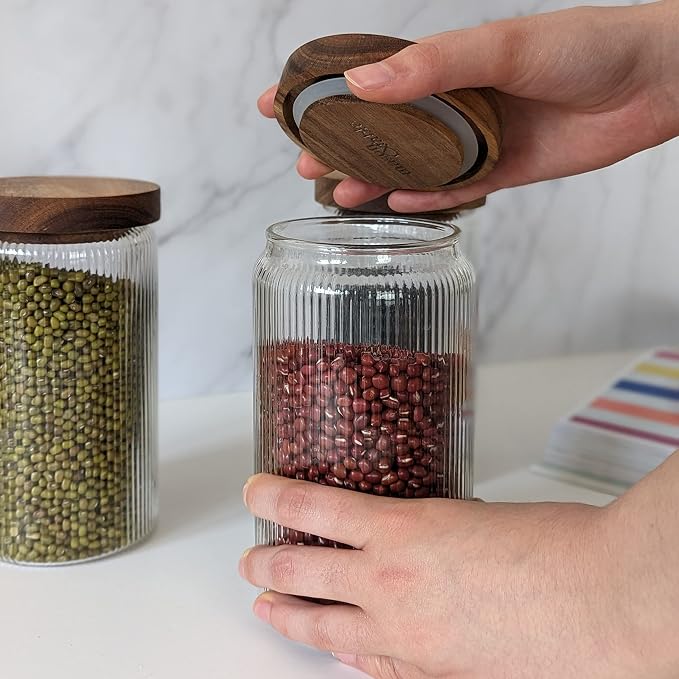 Mason & Fable Ribbed Glass Jar, Stackable & Airtight Wooden Lid- Storage Canister for Cookies, Treats, Tea or Sugar - High End Look for Kitchen, Pantry, Bar or Bathroom -27 fl oz, Single