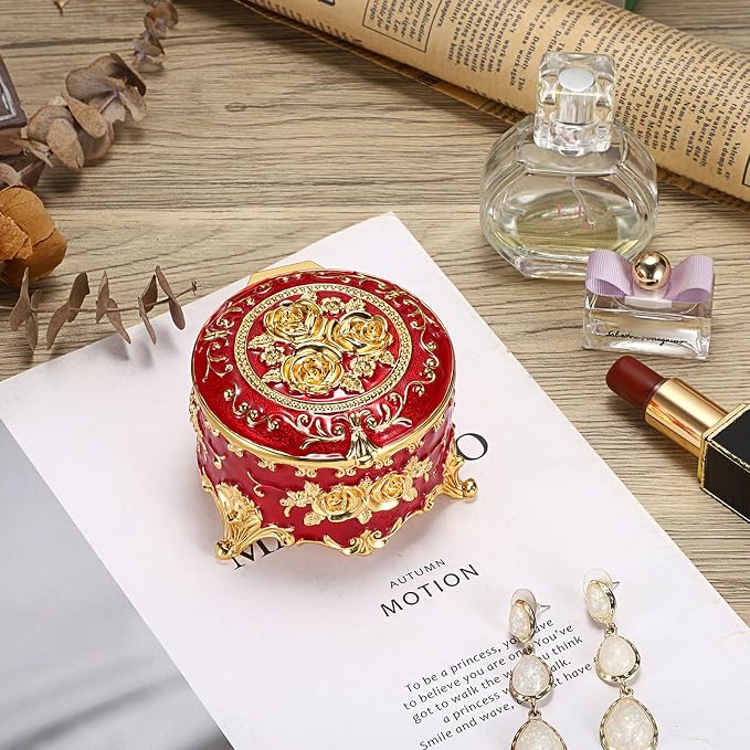 Hipiwe Vintage Metal Jewelry Box - Small Trinket Organizer Ring Box Case with Rose Pattern Jewelry Storage Box for Ring Earrings Necklace, Keepsake Box for Women,Red