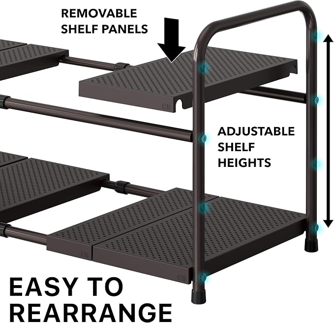 Simple Houseware Under Sink 2-Tier Heavy Duty Expandable Rack Organizer, Adjustable Width 15.75–25 Inches with 4 Shelf Height Levels, Bronze