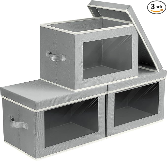 Homsorout Storage Bins, Storage Baskets for Shelves with Window, Fabric Storage Bins with Handle, Foldable Storage Cubes Boxes for Organizing for Clothes, Towels, Books, 3 Pack, Grey