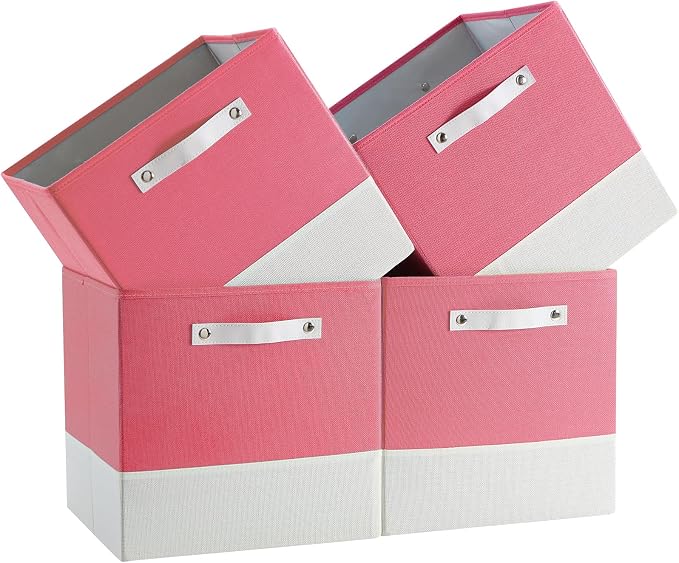 Cube Storage Bins | 13"x15"x13", Pink & White, 4 Pack | Multi-Size | 2X Thick Support Board | Vegan Leather Handles | 7.7 oz/yd² Fabric | Drawer Insert Basket Fits KALLAX