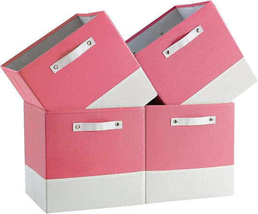 Cube Storage Bins | 13"x15"x13", Pink & White, 4 Pack | Multi-Size | 2X Thick Support Board | Vegan Leather Handles | 7.7 oz/yd² Fabric | Drawer Insert Basket Fits KALLAX