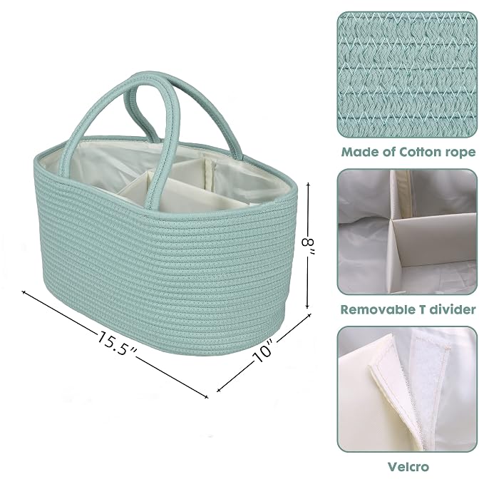 Large Baby Diaper Caddy Organizer for Girl Boy Rope Nursery Storage Bin Basket Portable Holder Tote Bag for Changing Table Car Travel Baby Shower Gifts Newborn Essentials Registry Must Have Green