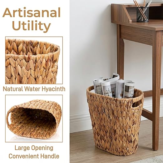 Pumtus Woven Trash Can, Handwoven Bathroom Waste Basket with Built-in Handles, Water Hyacinth Storage Bin, Garbage Laundry Magazine Container for Bedroom, Kitchen, Office, Utility Room