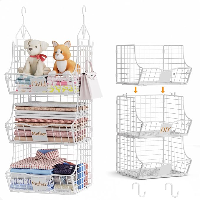 Hanging Closet Organizers and Storage, 3 Tier Closet Shelf Clothes Organizer with 2 S-Hooks, Multi-Functional Iron Wire Baskets, for Clothing, Sweaters, Handbags, Hat, Canned