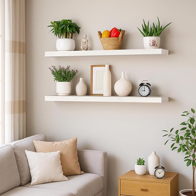 BGMG Wood Floating Shelves, White, 36x6.7x1.25 inch, Set of 2 | Wide Rustic Wooden, Wall Shelves, For Bathroom Living Room Bedroom Kitchen, Farmhouse