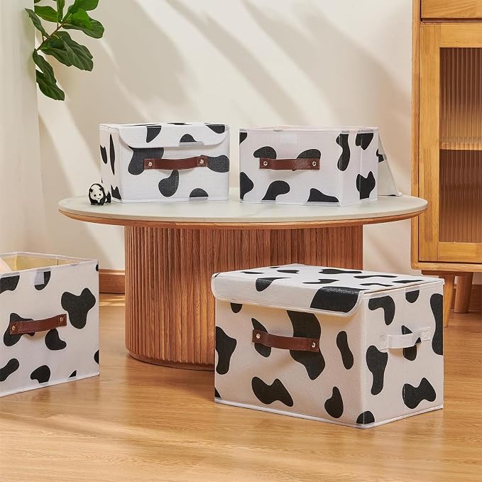 2PCS Storage Bins with Lid Cow Print Cute Fabric Storage Basket Box Faux Leather Handles PP Plastic Board Foldable Washable Lidded Cotton Linen Closet Shelf Organizer Container (Large Size)