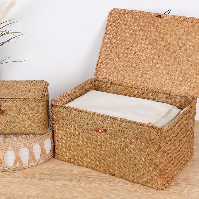Moosky Wicker Shelf Baskets with Lid,Natural Seagrass Storage Basket Boxes Handwoven Rectangular Baskets Bins Multipurpose Home Organizer Decor (Medium)