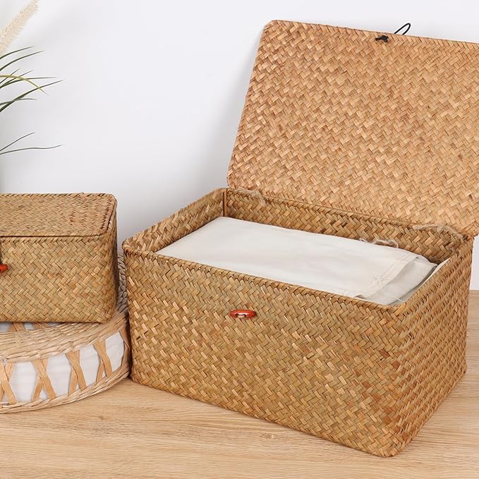 Moosky Wicker Shelf Baskets with Lid,Natural Seagrass Storage Basket Boxes Handwoven Rectangular Baskets Bins Multipurpose Home Organizer Decor (Large)