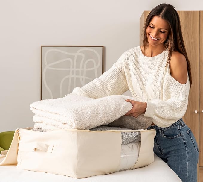 Soft Canvas Storage Bags with Zipper. Thick Breathable, 2pc King/Queen Comforter Organizer. Four Carrying Handles and Window. Large 25x19x9in Bag for Sheets Blankets Bedding Pillows, Clothes (Black)