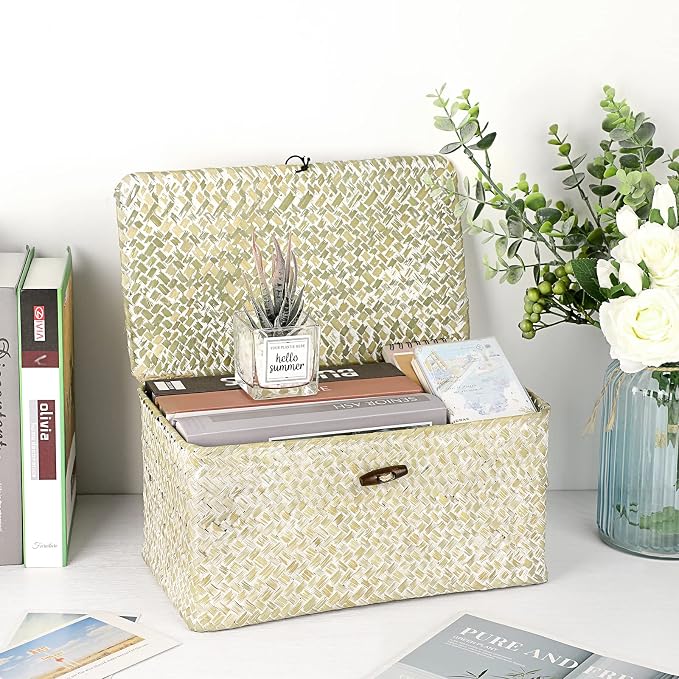 Hipiwe Seagrass Storage Basket Bins with Lid, Handwoven Wicker Shelf Baskets Bin Rectangular Household Basket Organizer Boxes for Shelf Closet Bedroom Home Decor, Whitewash Medium
