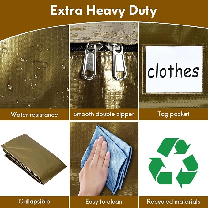 2-Pack Extra-Large Heavy-Duty Storage Totes with Reinforced Handles, Durable Zippers & Waterproof Material — Perfect for Space-Saving, Moving, Shipping and Travel (Smoked Gold)