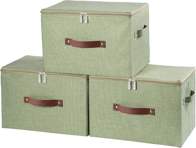 3PCS Fabric Storage Bins with Zipper Lid and Handles Cotton Linen Lidded Storage Boxes Washable Collapsible Organizer Container (Green, Large Size)