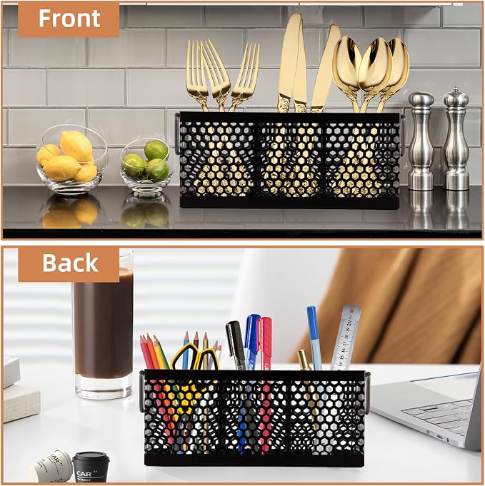 Cutlery Holder with Handle,Silverware Caddy for Party, Kitchen Counter, Mesh Metal Countertop Utensil Holder for Spoons, Forks and Knives, Black