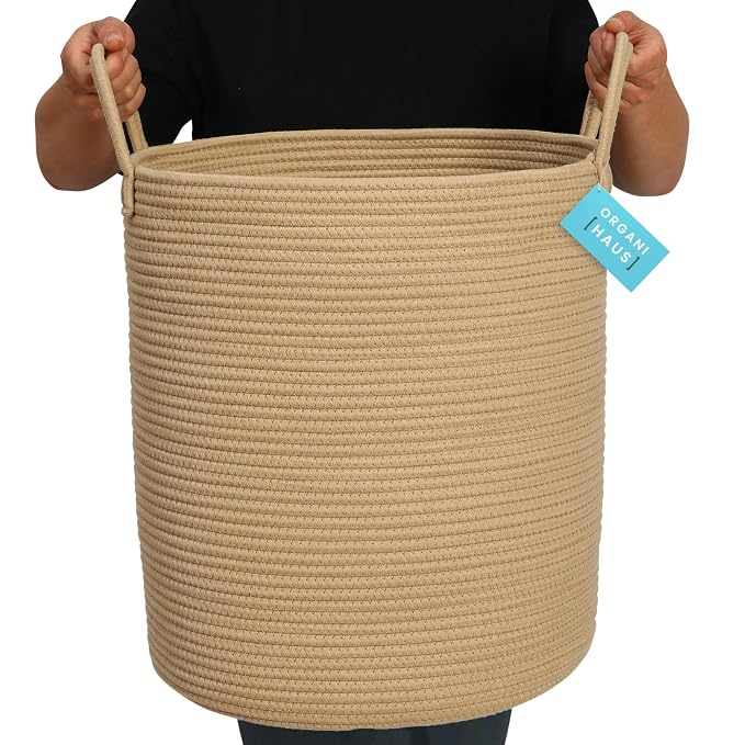 OrganiHaus Tall Cotton Rope Laundry Basket & Hamper, Blanket Storage 52L | Full Honey - Tall Cotton Rope Hamper, 52L