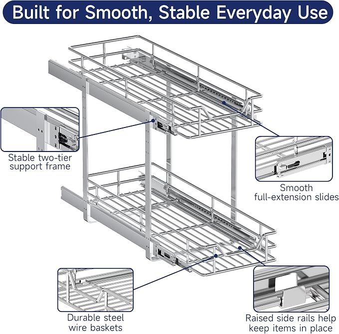 2-Tier Pull Out Cabinet Organizer, 9" W x 21.5" D, Heavy Duty Dual Slide Out Shelves for Narrow Base Cabinets, Chrome Wire Basket Drawer for Spices, Bottles & Snacks