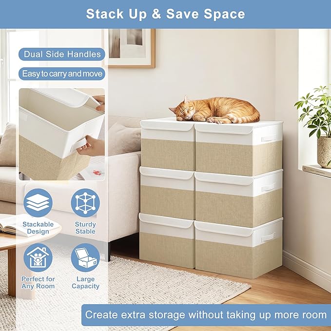 Bagnizer Large 22 Quart Linen Fabric Foldable Storage Bin Cube Organizer Basket with Flip-Top Lid & Handles, Clothes Blanket Box for Home, Office, Closet, Beige & White, 4 Pack 14.6 x 9.5 x 9.5”