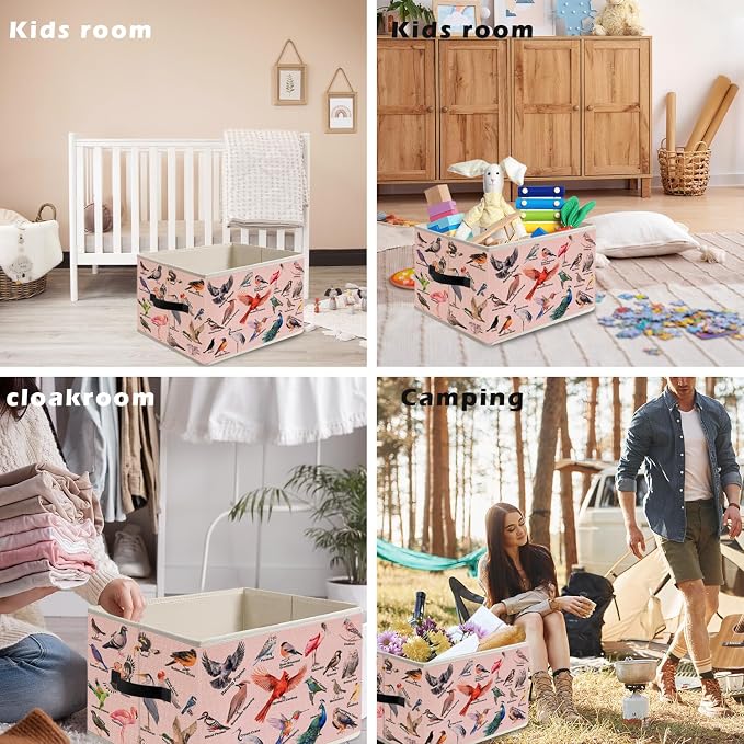 Pink Bird Storage Bin Box with Handles, Bird Lover Watcher Foldable Organizer Basket Toybox for Girls Bedroom Home Bathroom Clothes Toys Books
