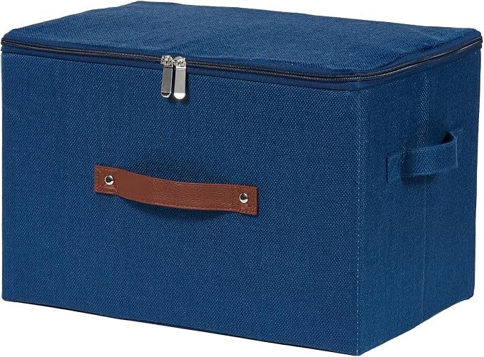 Storage Bins with Zipper Lid Cotton Linen Fabric Lidded Storage Baskets Boxes Foldable Washable Closet Shelf Clothes Organizer Container with PU Leather Handles (Deep Blue, Large)