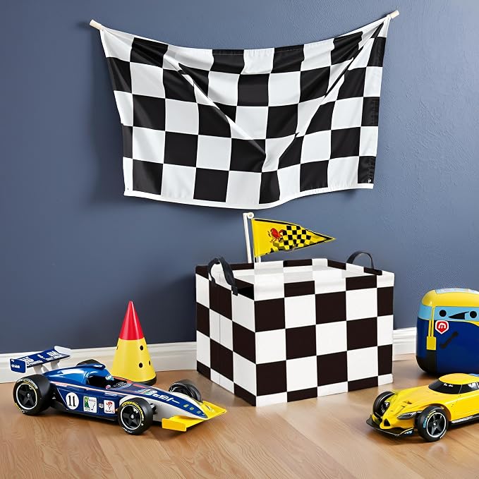 Rectangular Checkered Basket Storage Bin Collapse Storage Basket with Handles for Organizing Home Kitchen Boys and Girls Toys Office Closet Shelf Baskets (Race Flag)