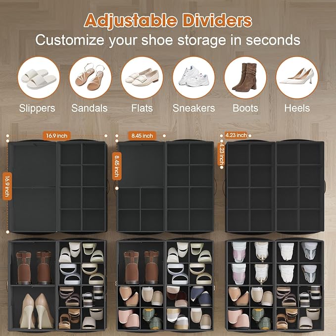4-PackShoe Organizer for Closet, Foldable Shoe Storage Box with Adjustable Dividers & Clear Cover, Fits 32 Pairs, Black, Durable and Space-Saving