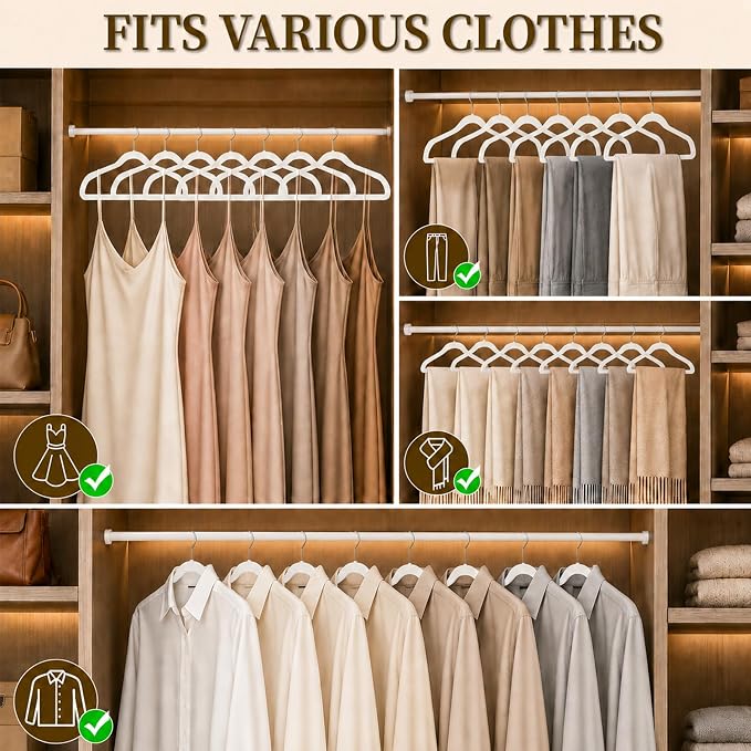 Velvet Hangers 50 Pack, Non Slip Clothes Hangers with Shoulder Notches, Slim Felt Hanger with 360° Swivel Hook, Space-Saving, Heavy Duty, for Coat, Shirt, Pants, Dress, Suits, White