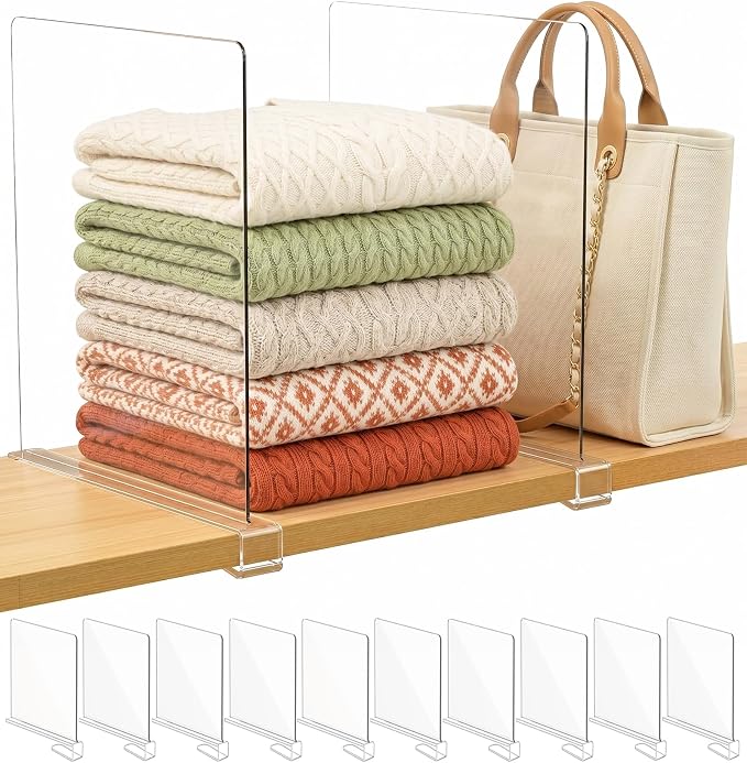 SortNStore Shelf Dividers Purse Organizer for Closet: 11-inch Tall(Extra Tall) Acrylic Sweater Organizer - Upgraded Extra Height for Large Handbags, Totes, Clothes, Towels on Wood Shelves 10-Pack