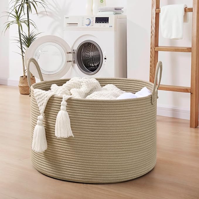 67L Large Woven Blanket Basket, Cotton Rope Baby Laundry Hamper with Handles, Kids Toy Basket for Classroom & Nursery, Soft Round Stuffed Animal Storage, Dog Toy Bin - 20"x13", Brown