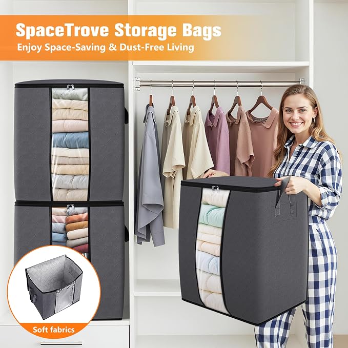SpaceTrove Clothes Storage Bags, 4-Pack Comforter Blanket Organizers, 80L Large Capacity Containers with Visual Window for Clothing, Quilt, Sheet, Pillow, Closet Organization for Bedding (Grey)