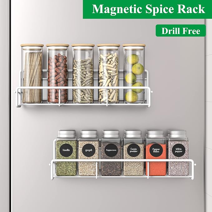 HuggieGems 2 Pack Magnetic Spice Rack Organizer for Refrigerator and Microwave Oven, Metal Fridge Shelf for Kitchen, White
