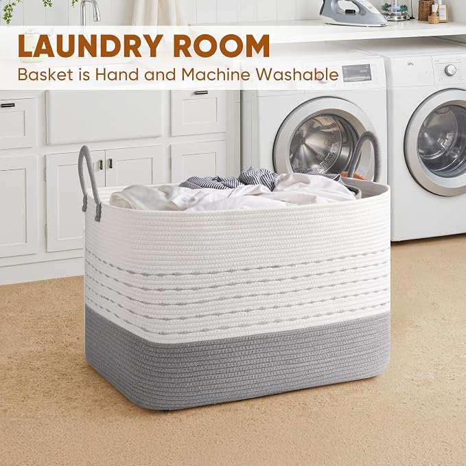 OIASKET XXL Large Blanket Basket for Living Room, 108L Woven Storage Baskets for Organizing, Rectangle Cotton Rope Basket Toy Chest With Handles-Grey & White