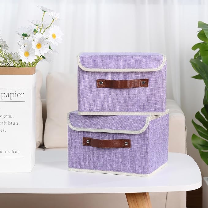 ANMINY 2PCS Storage Bin with Lid Storage Boxes with PU Leather Handles PP Plastic Board Decorative Foldable Lidded Cotton Linen Fabric Home Cubes Baskets Closet Organizer Container - Purple, Medium