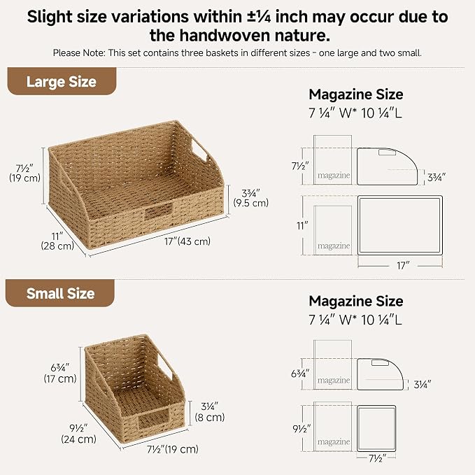 StorageWorks Paper Rope Pantry Storage Baskets, Wicker Baskets with Built-in Handles, Handwoven Shelf Baskets for Organizing, Pantry Organizers and Storage, Natural, 3 Pack