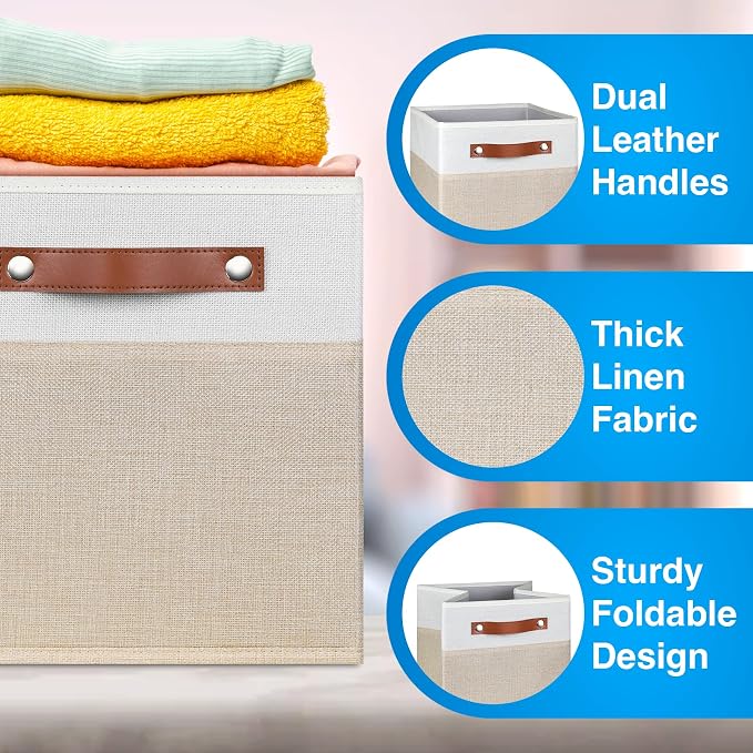 11 Inch Cube Storage Bin - 6 Pack - Linen Fabric 11x11 Cube Storage Bins for Bedroom, Living Room, Clothes and Toys; Foldable, Dual Leather Handles