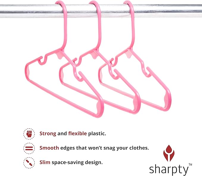Sharpty Kids Plastic Hangers, Children's Hangers for Baby, Toddler, and Child Clothes - Everyday Standard Use - Ideal for Boys and Girls Closet, Clothing, Pants, Coats, and More - Pink, 20 Pack