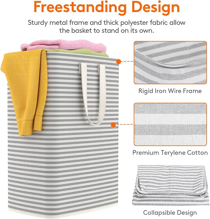 Lifewit 1 Pack Laundry Basket 65L Each, Collapsible Clothes Hamper with Reinforced Handles, Freestanding Waterproof Design for Bedroom and Laundry Room, Grey 65L Total