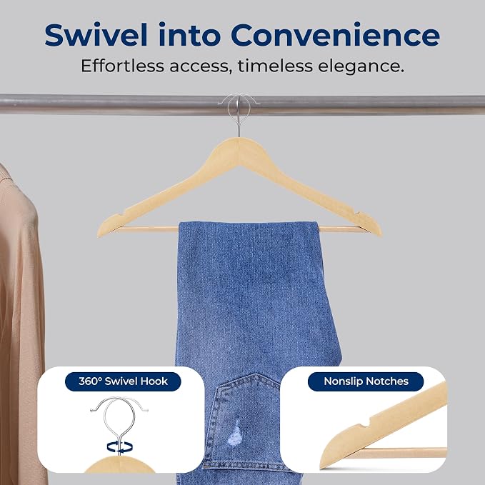 SereneLife 50-Pack Wooden Coat Hangers – Durable Suit Hangers with 360° Swivel Hook & Notches – Slim Design for Shirts, Jackets, Dresses, and More (Natural Wood)
