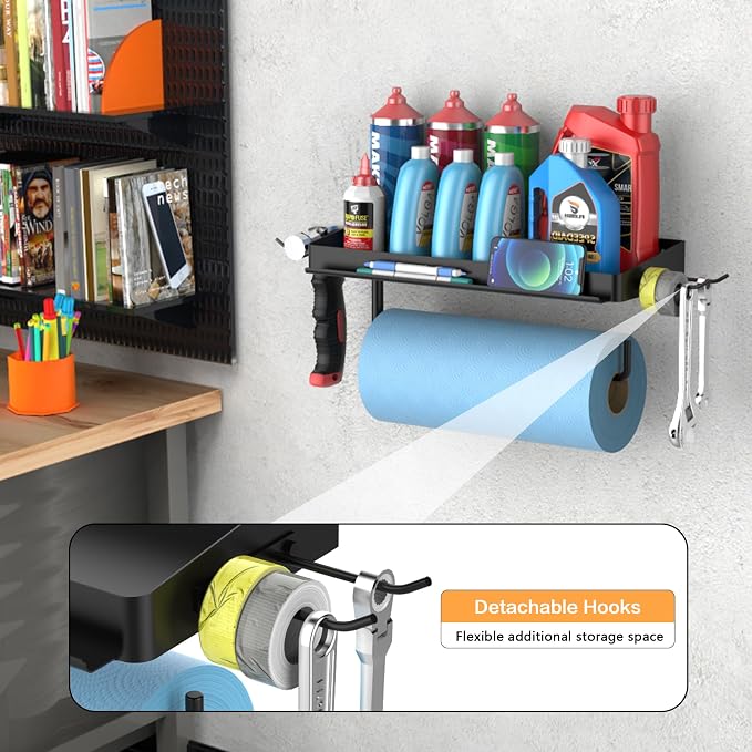 SUNTECH Garage Paper Towel Holder with Shelf, One Hand Tear, 12 inch Shop Paper Towel Holder, Paper Towel Holder Wall Mount with 2 Detachable Hooks for Garage and Tool Room (Black)